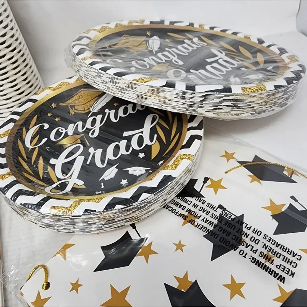 Grad Party Black‎ & Gold Graduation Party Plates Cups Napkins Tablecloth Hangers